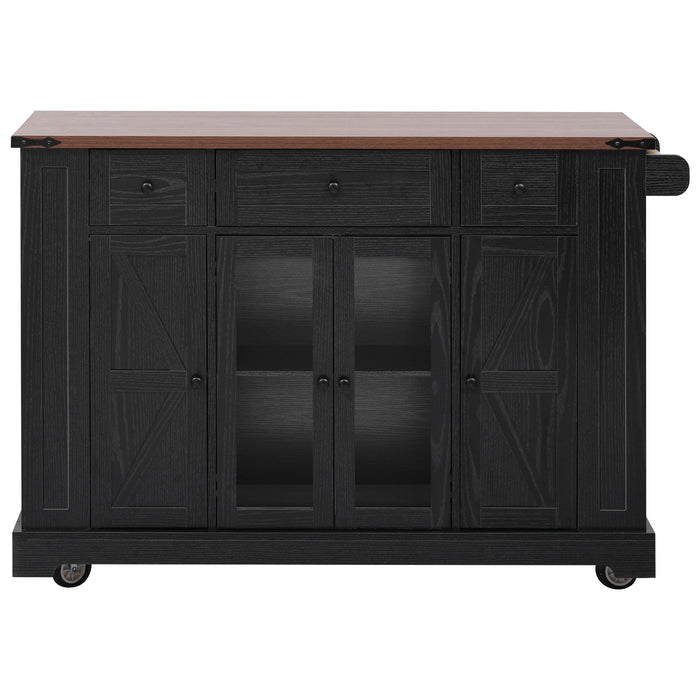 53'' Farmhouse Kitchen Island with Two Tempered Glass Cabinet Doors, Power Outlet, Rolling Kitchen Cart on Wheels with Drop Leaf, 5 Open Side Racks, 3 Drawers, for Kitchen, Dining Room, Black - DTYStore