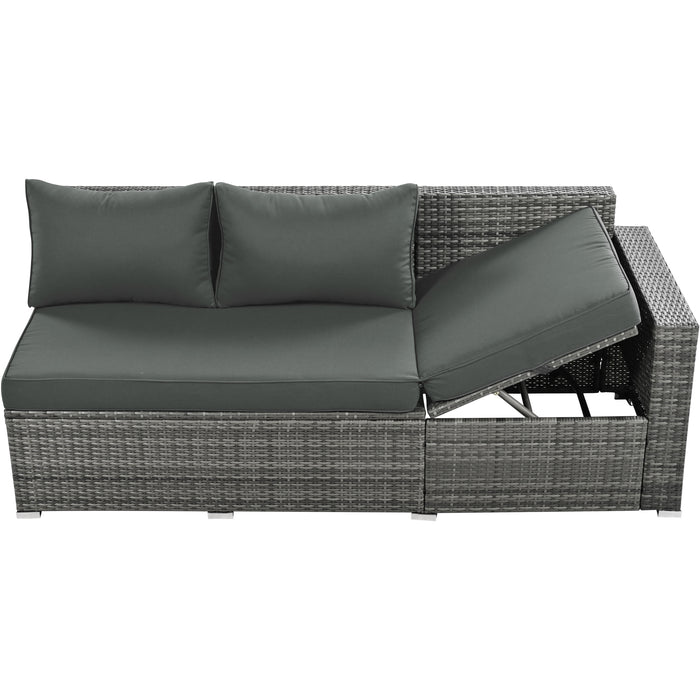 Outdoor 6-Piece All Weather PE Rattan Sofa Set, Garden Patio Wicker Sectional Furniture Set with Adjustable Seat, Storage Box, Removable Covers and Tempered Glass Top Table,Grey - DTYStore