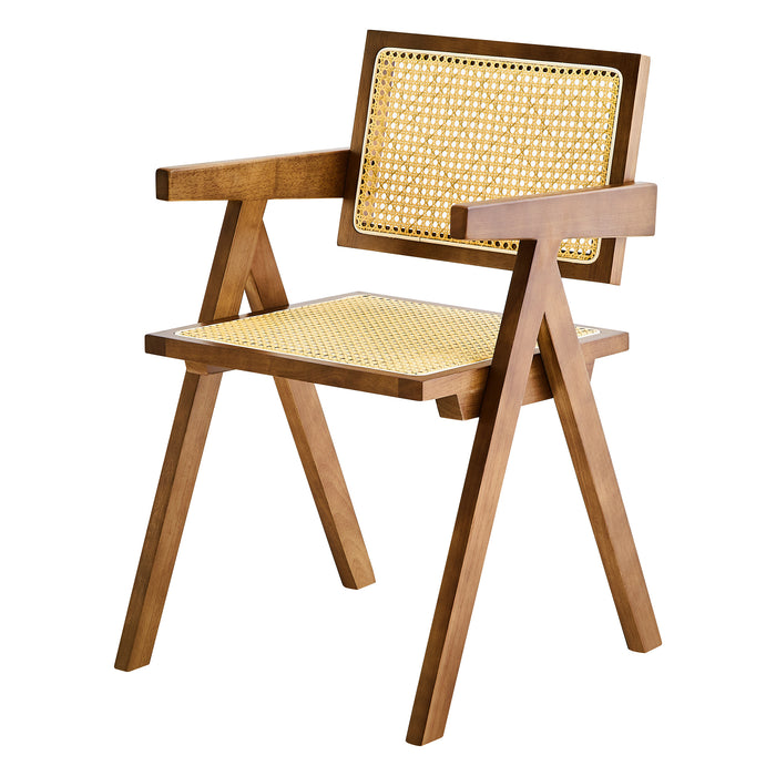 2 dining chairs, walnut color, using rubber wood rattan weaving process, armrest solid wood dining chair, living room chair, simple and natural - DTYStore