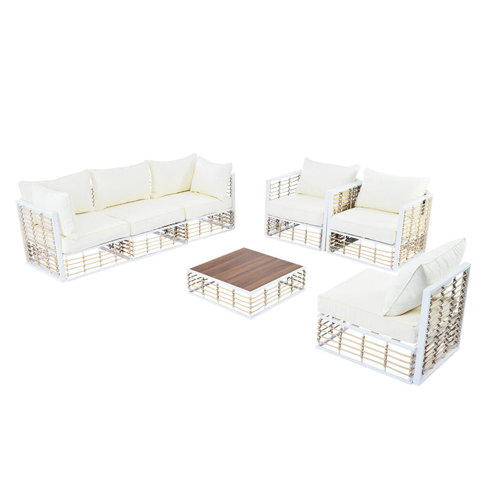 Modern Minimalist 7-Piece Metal Patio Sectional Sofa Set, All-Weather Garden Conversational Furniture Set with Thick Cushions and Coffee Table for Indoor Outdoor, White