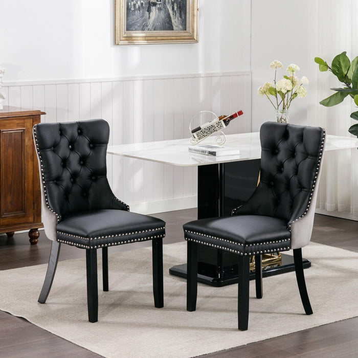 A&A Furniture,Nikki Collection Modern, High-end Tufted Solid Wood Contemporary PU and Velvet Upholstered Dining Chair with Wood Legs Nailhead Trim 2-Pcs Set，Black+Gray