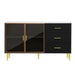 TREXM Modern Sideboard MDF Buffet Cabinet Marble Sticker Tabletop and Amber-yellow Tempered Glass Doors with Gold Metal Legs & Handles (Black)