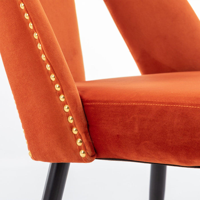 A&A Furniture,Akoya Collection Modern | Contemporary Velvet Upholstered Dining Chair with Nailheads and Gold Tipped Black Metal Legs, Orange，Set of 2