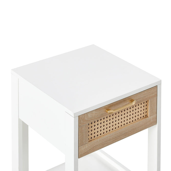 15.75" Rattan End table with drawer, Modern nightstand, side table for living room, bedroom,white - DTYStore