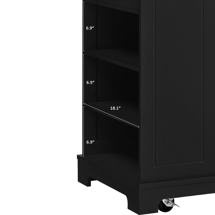 Fluted Kitchen Island with Trash Can Storage Cabinet, Power Outlet, Internal Storage Rack, Rolling Kitchen Islands on 5 Wheels with 3 Drawer, 3 Open Side Racks for 10 Gallon Garbage Bin, Black - DTYStore