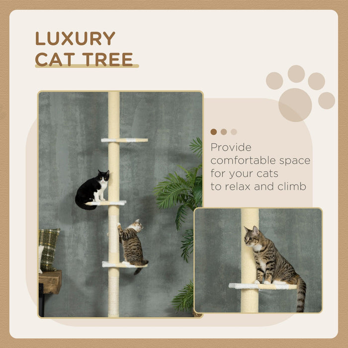 4-Tier Tall Cat Tower, Floor to Ceiling Cat Tree, Height Adjustable 87 - 103 Inch with Plush Platforms, Sisal Scratching Posts, Toy Ball for Indoor Cats, Yellow