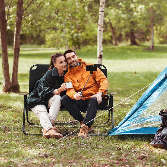 Outsunny Double Folding Camping Chair, Loveseat for 2 Adults, Portable Camping Couch with Wood Armrest & Cupholders, for Backpacking, Beach, Sports Travel, Black - DTYStore
