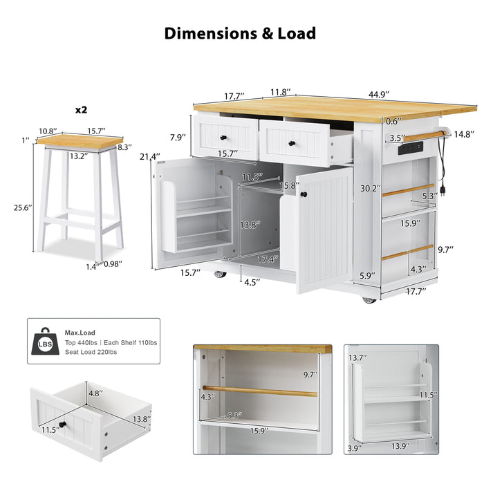 48inch Large Kitchen Island with 2 Bar Stools, Power Outlet, Door Internal Storage Rack, Kitchen Storage Cart on 5 Wheels with Drop Leaf, 5 Open Side Racks, 2 Drawers,for Kitchen,Dining Room,White - DTYStore