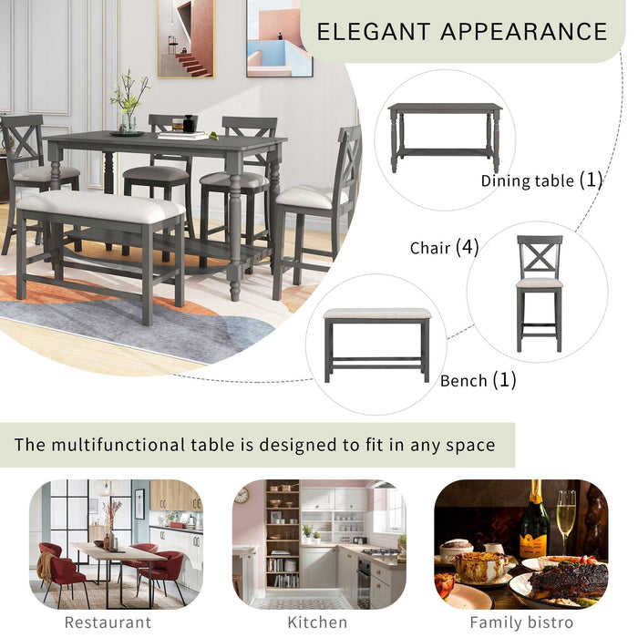 6-Piece Counter Height Dining Table Set with Shelf, 4 Chairs and Bench for Dining Room