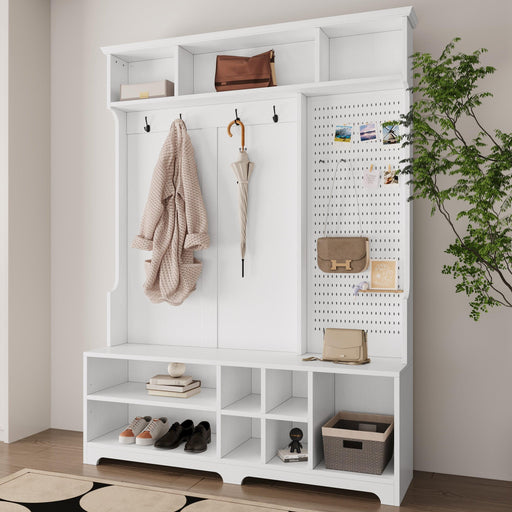 Hall Tree with Shoe Bench, Coat Rack ,Shoe Storage ,Storage Shelves and Pegboard, for Hallways, Halls and Bedrooms, White - DTYStore