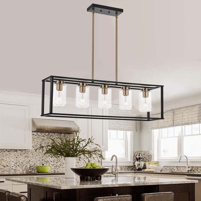 5-Lights Industrial Farmhouse Style Hanging Decorative Rectangle Pendant Lights, Black Antique Brass With Clear Glass Shade, Dining Room Kitchen Island Chandelier