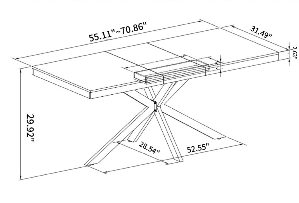 55.11" -70.86"Retro Rectangular Stretch Dining Table, Antique Wood Top And Black Relief Plate, Black Fine Sand Cross Iron Foot Base Dining Table, With Storage Box.