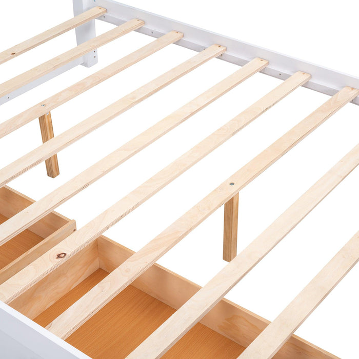 Queen Size Wood Platform Bed with Two Drawers and Wooden Slat Support,White+walnut