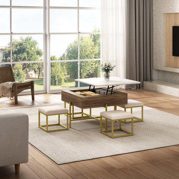 Modern Square Lift-Top Coffee Table Set with Storage & 4 Ottomans White & Walnut - DTYStore