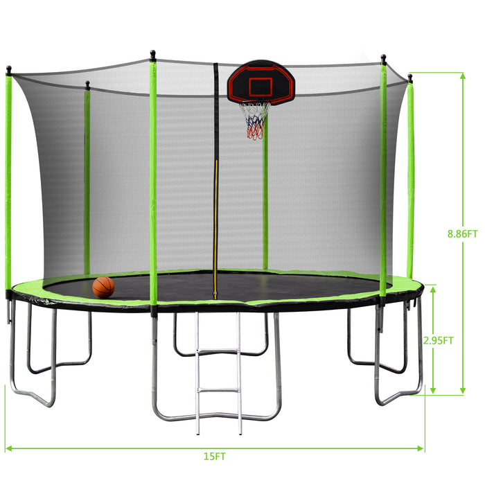 15FT Trampoline with Basketball Hoop Inflator and Ladder(Inner Safety Enclosure) Green - DTYStore