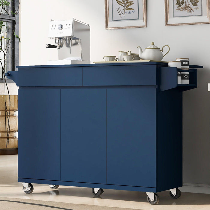 K&K 53.2'' Kitchen Island with Drop Leaf, Kitchen Storage Cart with Spice Rack, Towel Rack and 2 Drawers, Rolling Kitchen Island on Wheels with Adjustable Shelves for Kitchen, Dining Room, Navy Blue