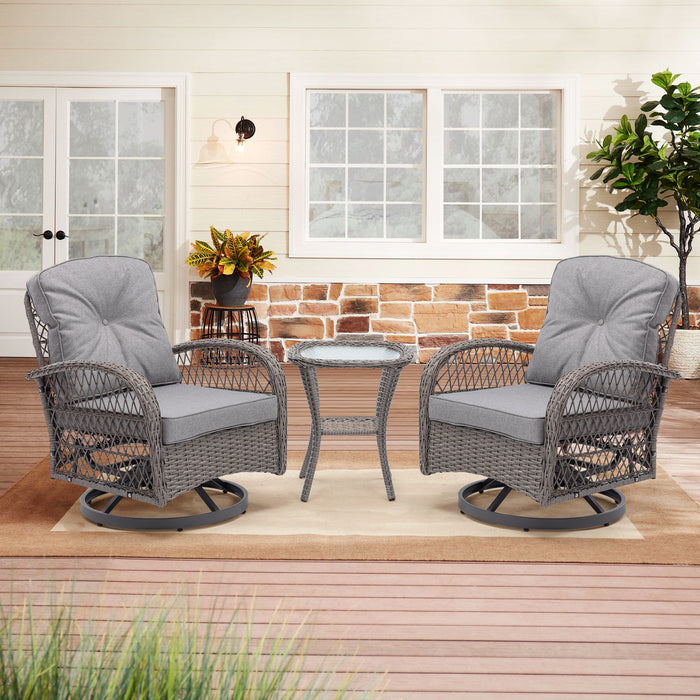 3 Pieces Outdoor Swivel Rocker Patio Chairs, 360 Degree Rocking Patio Conversation Set with Thickened Cushions and Glass Coffee Table for Backyard, Grey - DTYStore