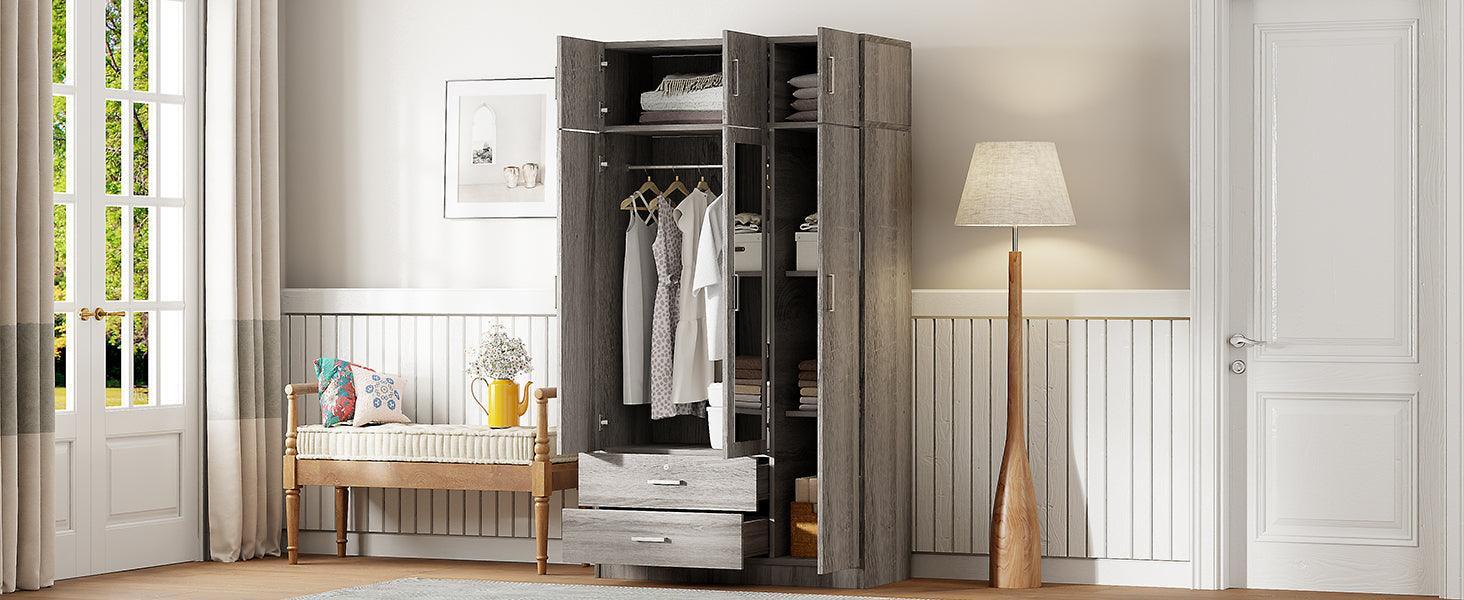 3-Door Mirror Wardrobe with 2 Drawers and Top Cabinet