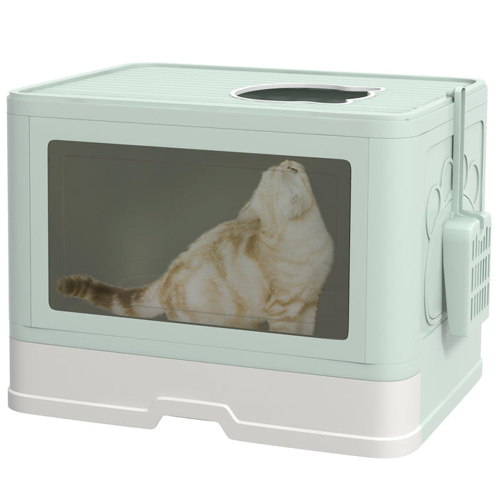 Cat Litter Box, Front Entry, Top Exit Cat Litter Tray, Odor Control Enclosed Cat Pan with Scoop, Pull-out Tray, Easy to Clean, Brush, Green