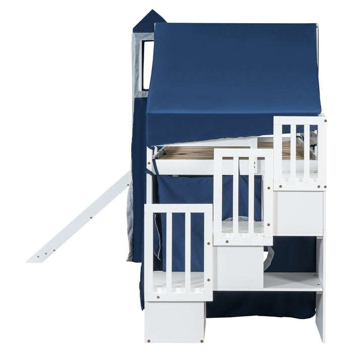 Twin Size Loft Bed with Tent and Tower - Blue - DTYStore