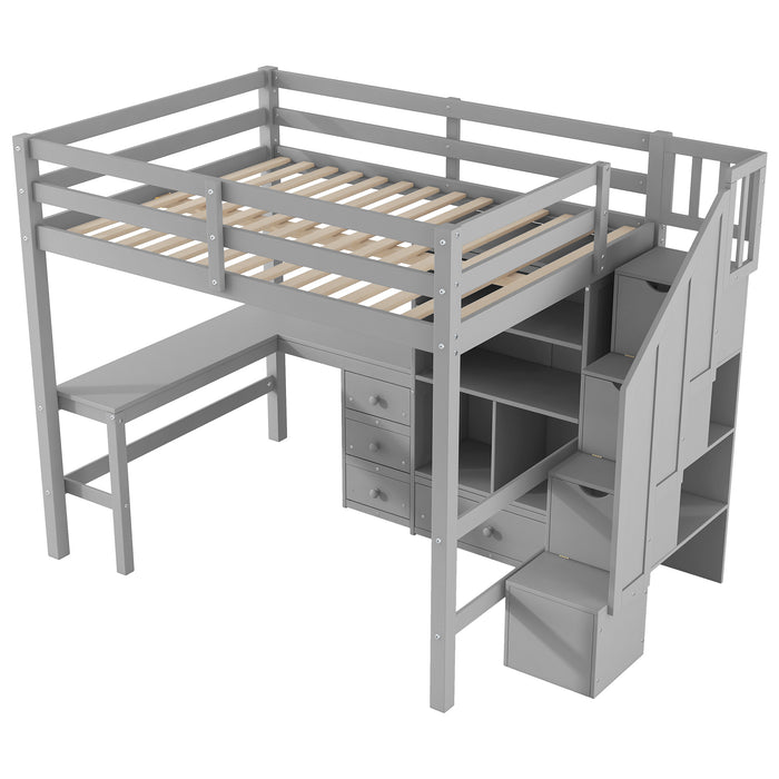 Full Size Loft Bed with L-Shaped Desk and Drawers, Cabinet and Storage Staircase, Gray - DTYStore
