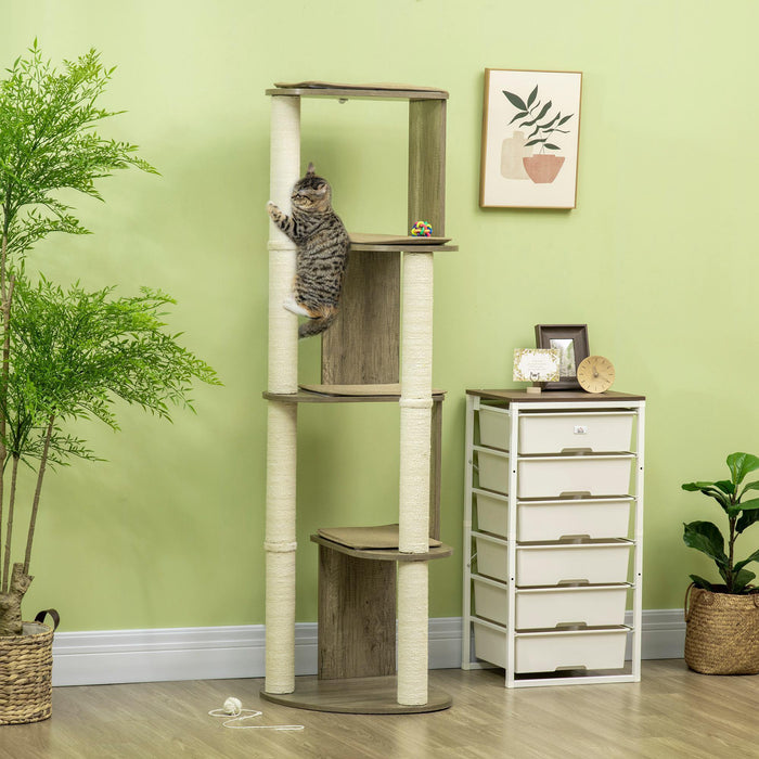 65" Corner Modern Cat Tree Tall for Climbing, Large Multilevel Cat Tower with Scratching Posts, Small-Fit Kitten Tower with Sisal, Cream White