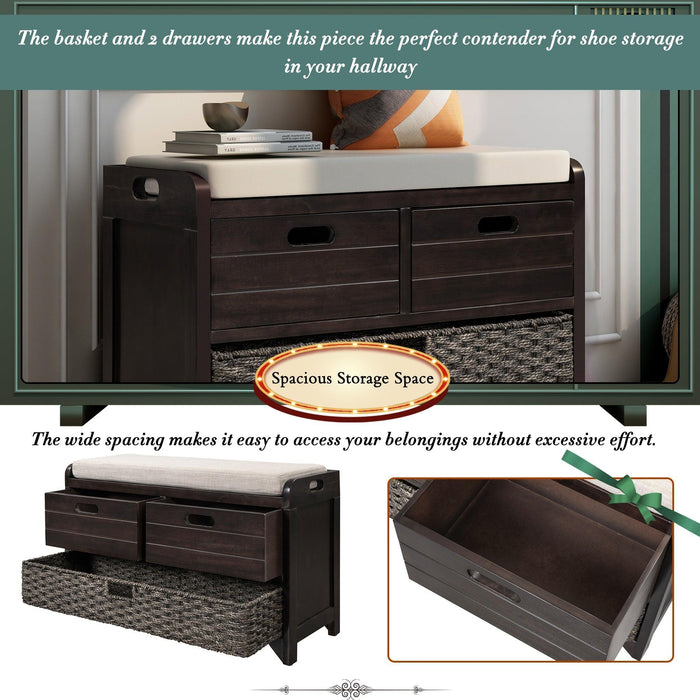 Storage Bench with Removable Basket and 2 Drawers, Fully Assembled Shoe Bench