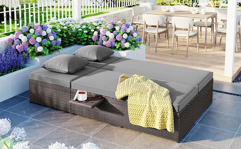 Outdoor Double Sunbed, Wicker Rattan Patio Reclining Chairs, Conversational Set for 2 Person