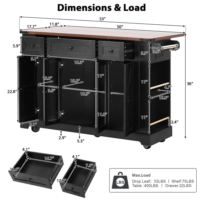 53'' Farmhouse Kitchen Island with Two Tempered Glass Cabinet Doors, Power Outlet, Rolling Kitchen Cart on Wheels with Drop Leaf, 5 Open Side Racks, 3 Drawers, for Kitchen, Dining Room, Black - DTYStore