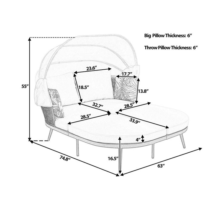 74.8" L Patio Daybed with Retractable Canopy, Outdoor Rattan PE Wicker Loveseat Sofa Set with Throw Pillows and Cushions for Backyard, Poolside, Garden