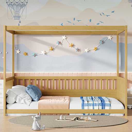 Full Size Canopy Bed Frame with Guardrails for Kids,Floor Bed Full with Four Poster Design,Kids Montessori Floor Bed,Wood Canopy Bed Frame for Girls,Boys(Full,Natural) - DTYStore