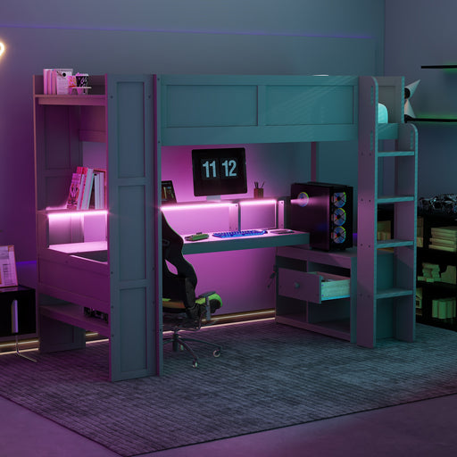 Wood Twin Size Gaming Loft Bed with Desk, Multi-storage Shelves, LED and Charging Station, Dark Gray - DTYStore