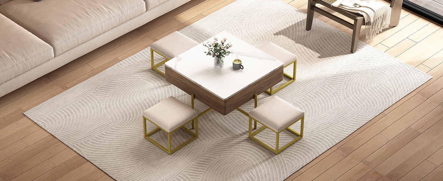 Modern Square Lift-Top Coffee Table Set with Storage & 4 Ottomans White & Walnut - DTYStore