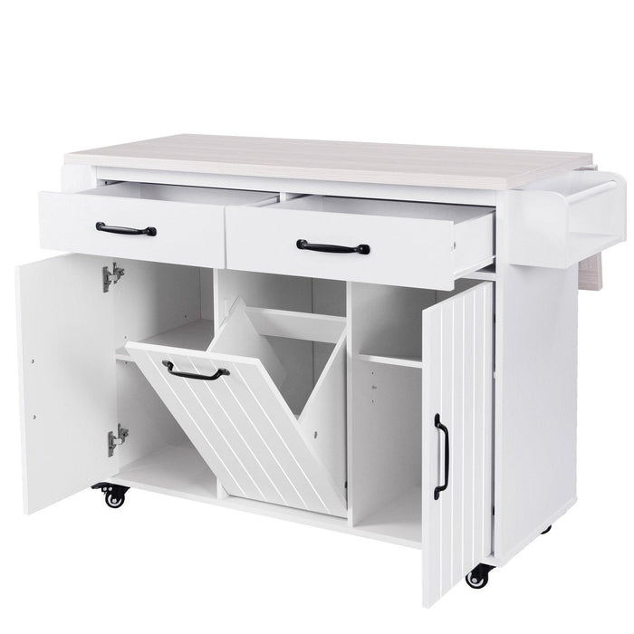 Kitchen Island with Trash Can Storage Cabinet, Kitchen Cart with Drop Leaf, Spice Rack, Towel Rack and Drawer, Rolling Kitchen Island on Wheels with Adjustable Shelf, White - DTYStore