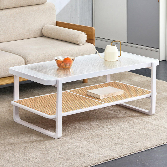 Modern Minimalist White Double Layered Solid Wood Coffee Table. Glass tabletop, imitation rattan edge table. Rectangular table suitable for living room, dining room, and bedroom