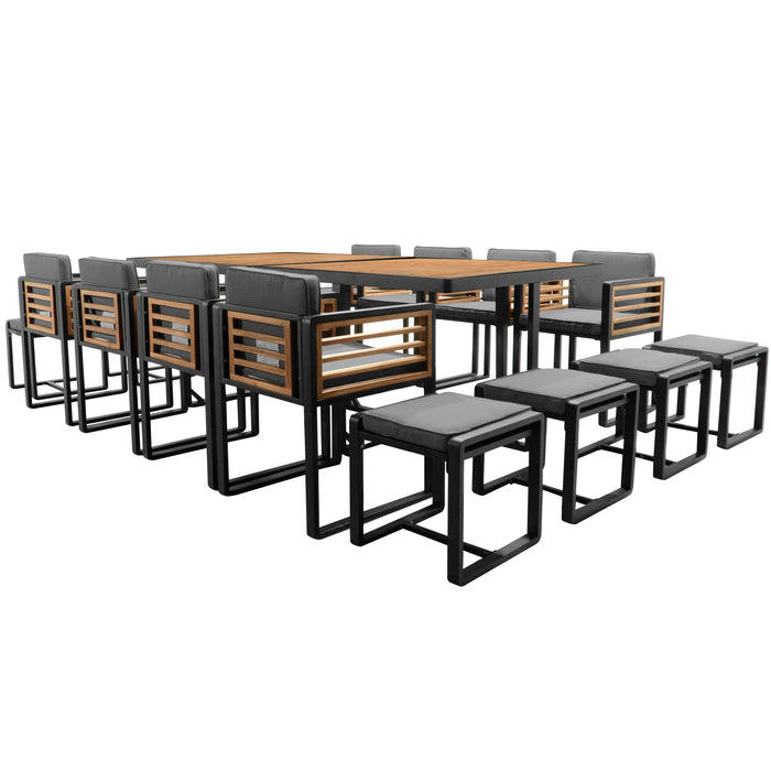 GO 18-Pieces Acacia Wood Patio Dining Set, Space Saving Outdoor Patio Set, 8 Cushioned Chairs & 8 Ottomans & 2 Square Table, for Backyard, Garden, Deck and Poolside, Gray - DTYStore