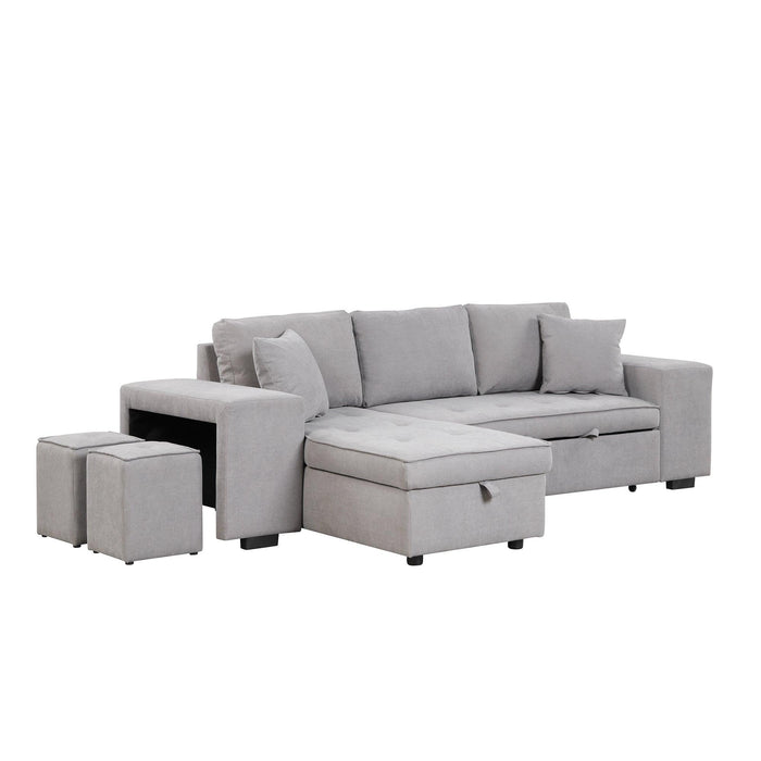 104.5" Pull Out Sleeper Sofa Reversible L-Shape 3 Seat Sectional Couch with Storage Chaise and 2 Stools for Living Room Furniture Set,Gray