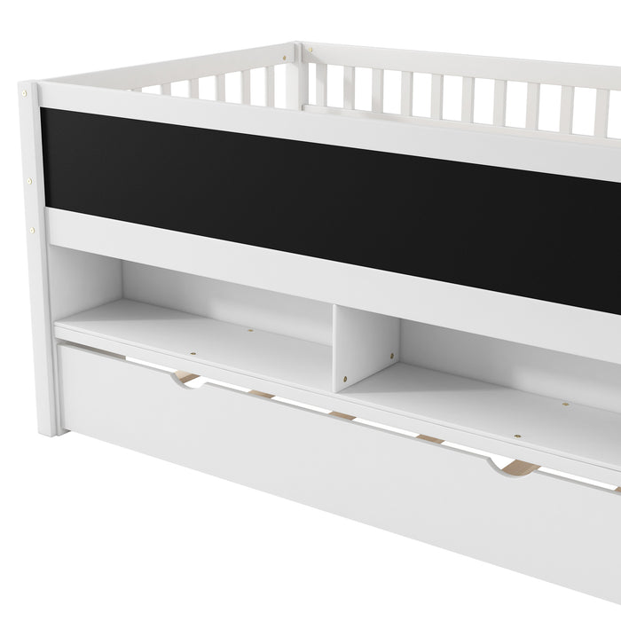Twin Size Wood Low Loft Bed with Storage Shelves, Blackboard and Trundle, White - DTYStore