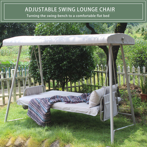 Outdoor Patio 3 seaters Metal Swing Chair Swing bed with Cushion and Adjustable Canopy Champagne Color - DTYStore
