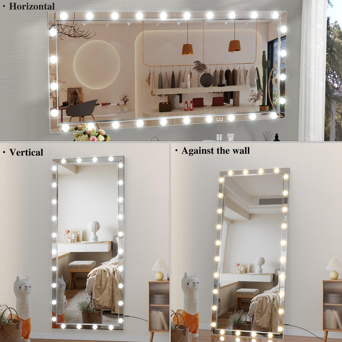 Hollywood LED Full Body Mirror with Lights Extra Large Full Length Vanity Mirror with 3 Color Mode Lights, Vertical Horizontal Hanging Aluminum Framed Mirror, 72 x 36 Inch, Silver