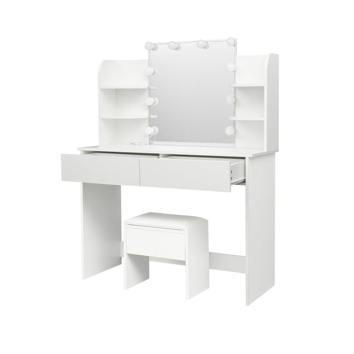 Modern Dressing table with 2 Drawers, 4 open shelves Rectangular Makeup Table with Mirror, 10-lamp bulb,,42.52*15.75* 52.76inch,for Bedroom