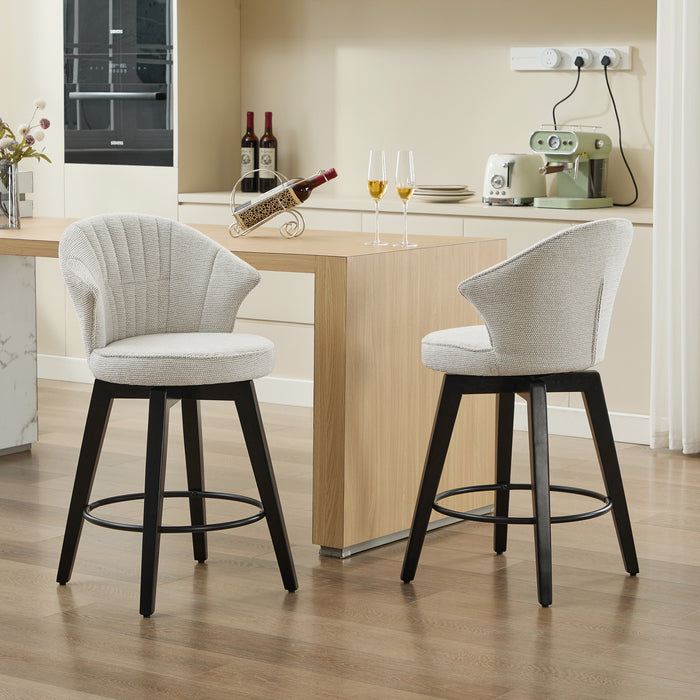 008-Wing Back Swivel Bar Stools Set of 2 - 25' Counter Height Adjustable Stools with Solid Wood Legs & Chenille Upholstery, Leveling Feet for Kitchen Island, Home Pub or Dining Room, White - DTYStore