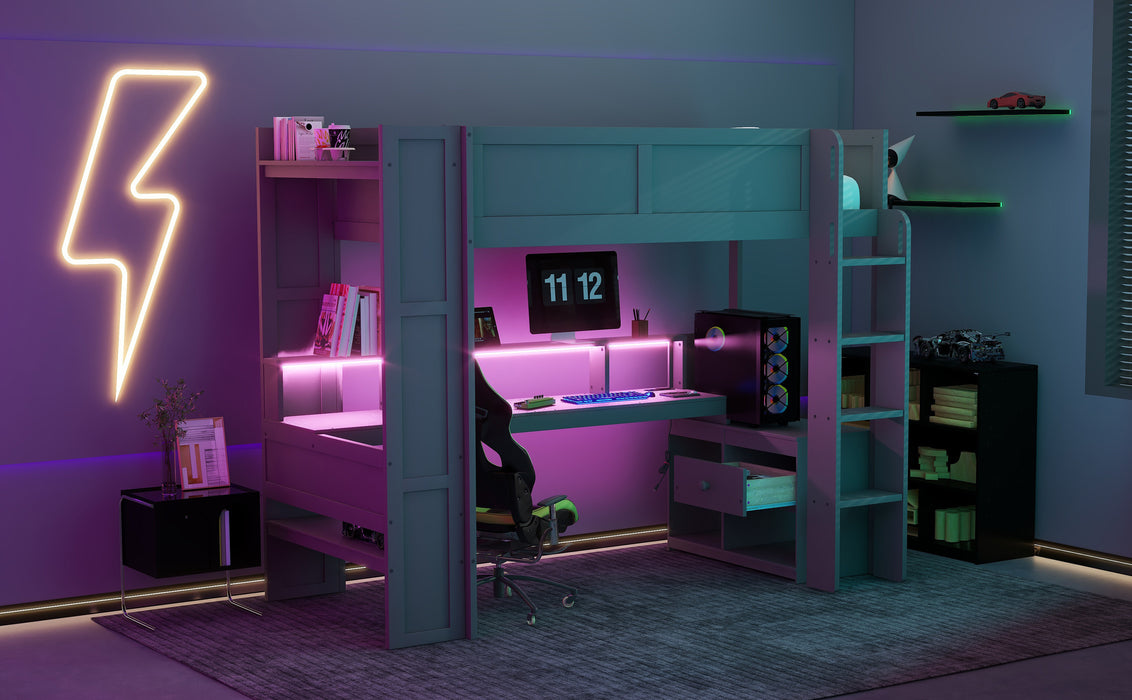 Wood Twin Size Gaming Loft Bed with Desk, Multi-storage Shelves, LED and Charging Station, Dark Gray - DTYStore