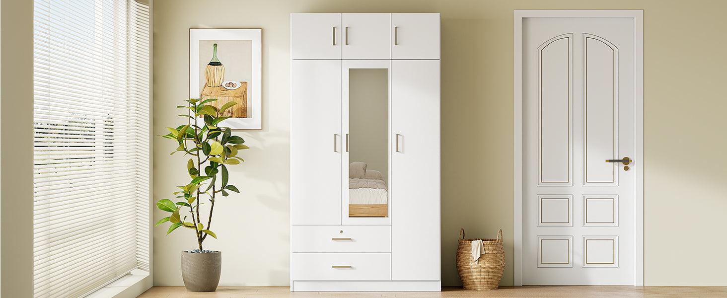 3-Door Mirror Wardrobe with 2 Drawers and Top Cabinet