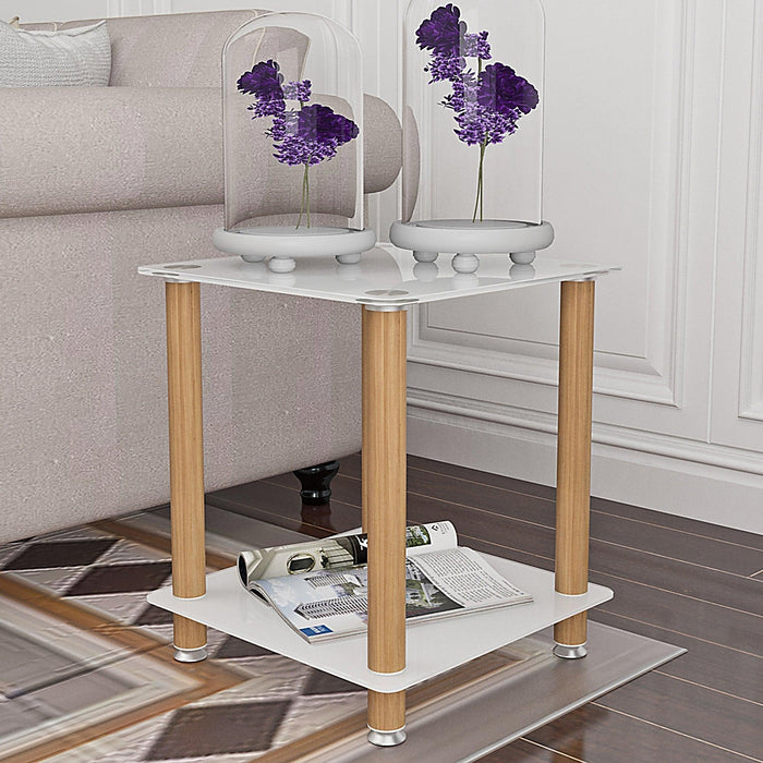 Modern 2-Tier Side Table with Storage Shelf, Sofa Table, and Night Stand White+Oak