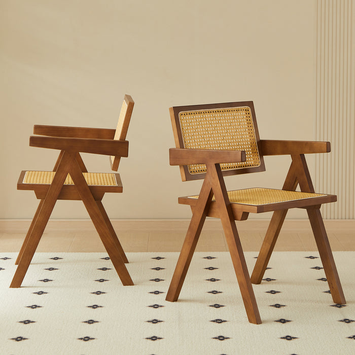 2 dining chairs, walnut color, using rubber wood rattan weaving process, armrest solid wood dining chair, living room chair, simple and natural - DTYStore