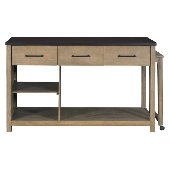 Extendable Kitchen Island with Storage, Multi-Functional Kitchen Cart with Built-In Power Outlets, Retro Kitchen Island on Wheels with Drawers and Open Shelves for Kitchen (Espresso+Natural) - DTYStore