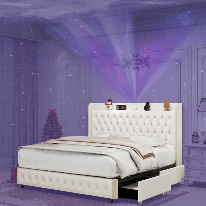 Queen size bed frame with 4 drawers, Star Projector Galaxy Light, Wingback Upholstered Headboard with Diamond Button, USB Charger and music speaker, PU Leather - DTYStore