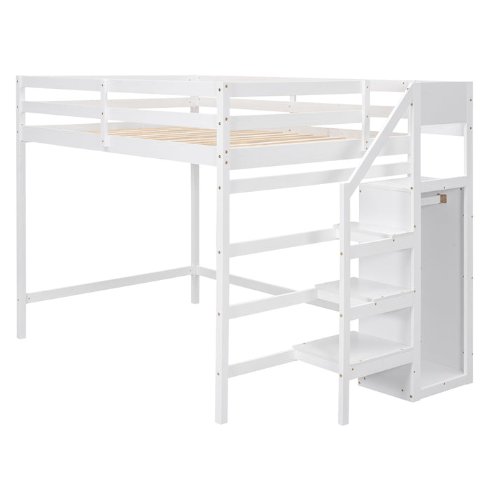 Full Size Loft Bed with Built-in Storage Wardrobe and Staircase, White(Old SKU:SM000527AAK) - DTYStore