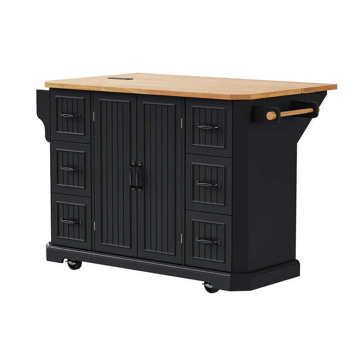56 inch Kitchen Island with Rubber Wood Veneer Drop Leaf, Power Outlet, 4 Door Shelves, Embossed Vertical Stripe Rolling Kitchen Cart on 4 Wheels with 6 Deep Drawers for Kitchen, Dining Room,Black - DTYStore